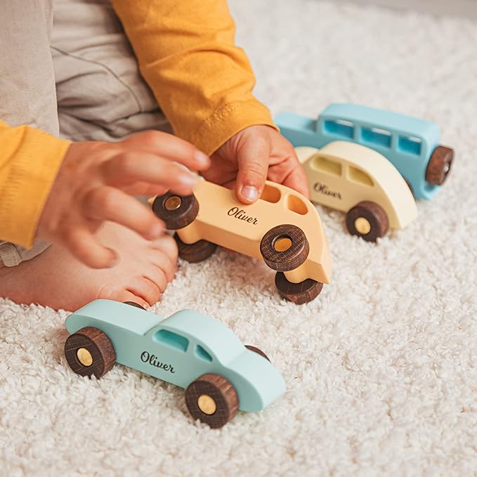 Personalized Wooden Colorful Baby Toddler Kids Car Toys 1st 2nd 3rd Birthday Montessori-Inspired Imaginative Educational Toy Car Set of 3 Sensory Toys