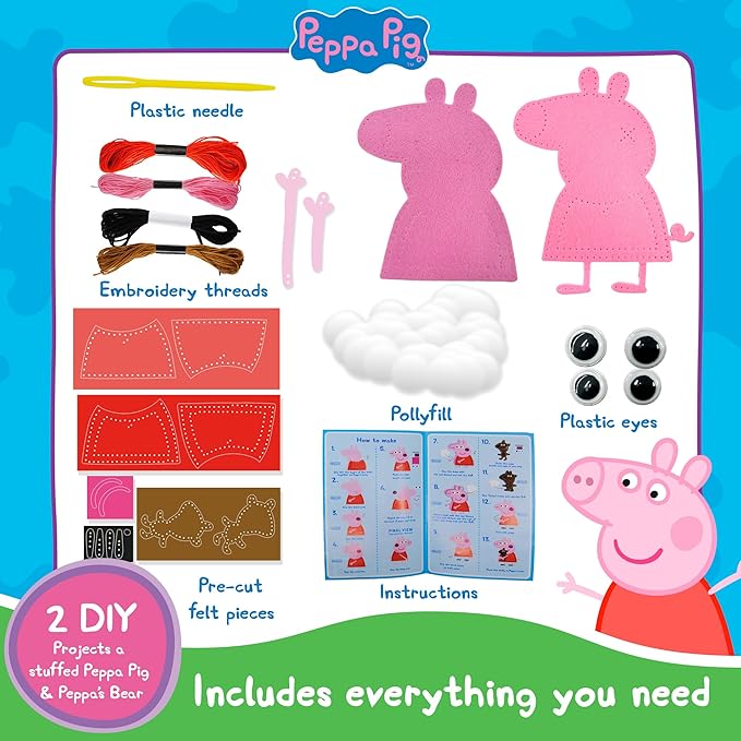LUPPA My First Sewing Kit for Kids – Peppa Pig Beginner Kids Easy DIY Projects Peppa Pig & Peppa's Bear, Complete Arts & Crafts Set with Instructions & Felt – Girls, Boys Learning to Sew & Embroider