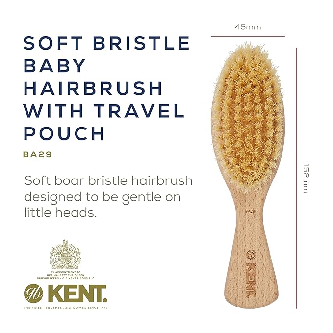 Kent BA29 Cradle Cap Baby Hair Brush with Soft Natural Bristles and Travel Pouch - Baby Essentials for Newborn Hair Brush Made in England