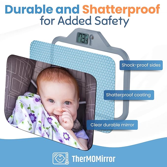 Theromirror - Baby Car Mirror with Temperature Display, Rear Facing Car Seat Mirror, Newborn Essentials, Wide Angle (Gray)