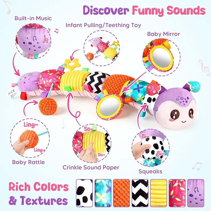 Musical Caterpillar Baby Toys 0-6 6-12 Months, Multi-Functional Sensory Tummy Time Toys for Newborn Infants Boys & Girls, Developmental Stuffed Animal Toys, Baby Shower & Baby Gifts