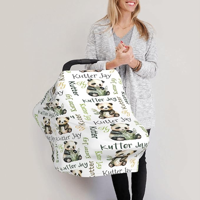 Personalized Panda Baby Car Seat Cover with Name,Multi-Use Canopy for Nursing, Strollers,Shopping Carts,Customized Breastfeeding Cover, Full Privacy,Infant Stroller Cover