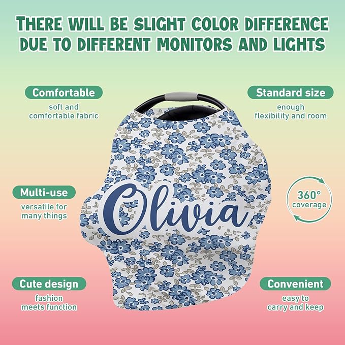 Custom Car Seat Covers for Babies - Breathable Baby Car Seat Cover for Girls Boys, Blue Pattern Kick-Proof Newborn Carrier Canopy Stretchy Stroller Cover for 4 Seasons