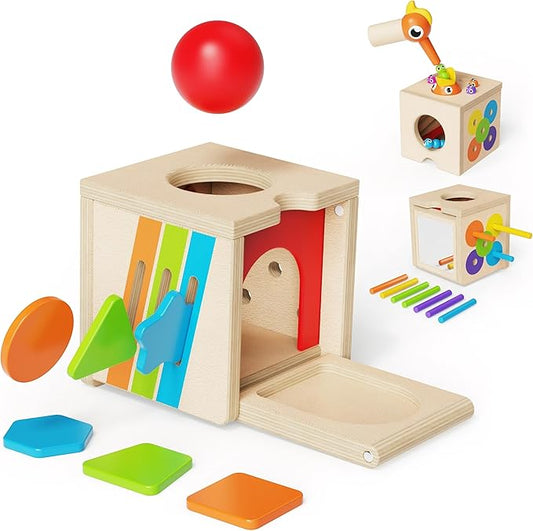 5 in 1 Montessori Toys for 2 3 Year Old Boys and Girls, Wooden Learning Toys with Object Permanence, Bird Feeding Game, Fine Motor Skills, Problem Sloving