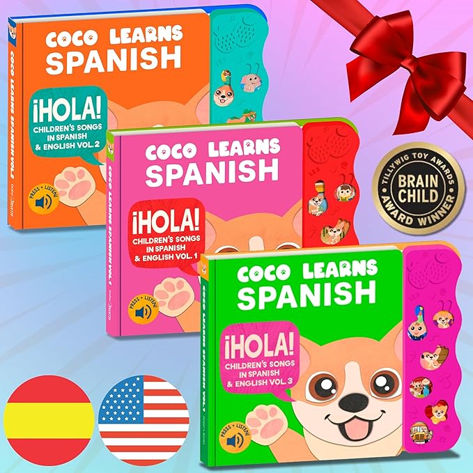 Coco Learns Spanish Vol. 3 — Interactive Sound Board Book for Toddlers 1-3, Bilingual English & Spanish Songs & Music, Talking Musical Book, Musical Toy Gift for Babies & Kids