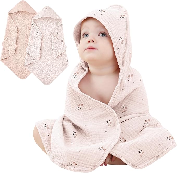 Susurration 2 Pack Thick Muslin Baby Towels, 100% Cotton Soft and Absorbent Baby Bath Hooded Towel for Newborn, Infant, Girls, Boys, Baby Essentials