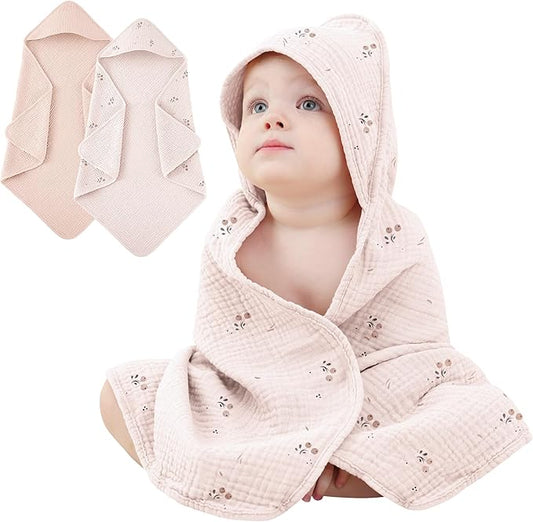 Susurration 2 Pack Thick Muslin Baby Towels, 100% Cotton Soft and Absorbent Baby Bath Hooded Towel for Newborn, Infant, Girls, Boys, Baby Essentials