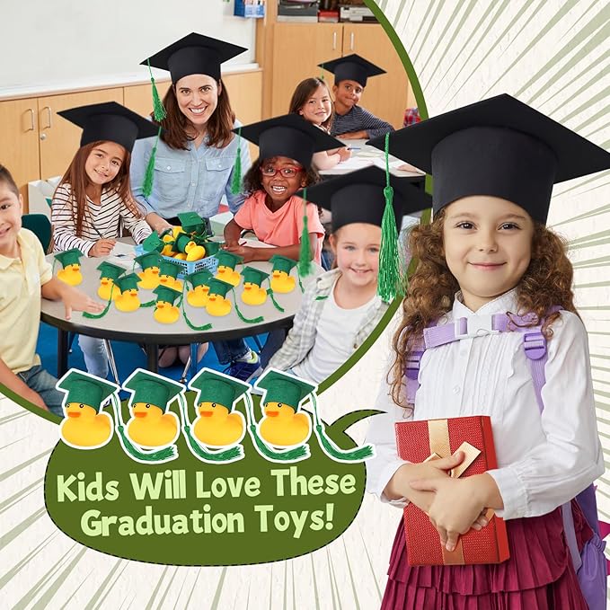 Jerify 48 Pcs Graduation Rubber Ducks with Grad Cap 2026 Diploma Grad Rubber Duck Graduation Party Bath Pool with Storage Bag for Student Gifts Party Favor(Green)