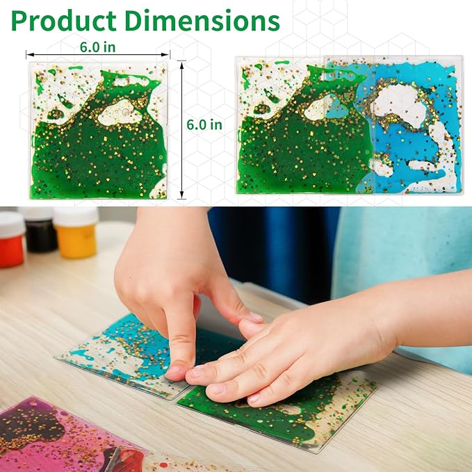 LONGKING 2-Pack 6"x 6" Liquid Tiles for Kids, Soft Gel Liquid Sensory Toys for Autistic Children, Sensory Mats, Sensory Toys for Toddlers 3-4