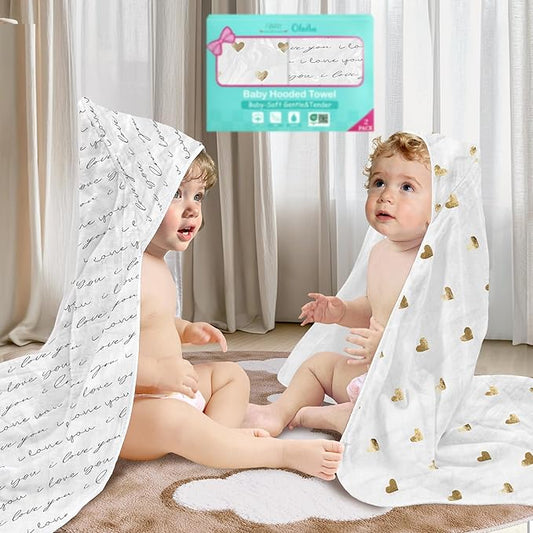 VOOVA & MOVAS 2Pack Neutral Baby Gifts - 100% Muslin Cotton Infant Hooded Beach Bath Towels,2 Layer, Thick, Durability, Absorbent Large for 0-18 Months, Golden Love & Grapheme Love Pattern