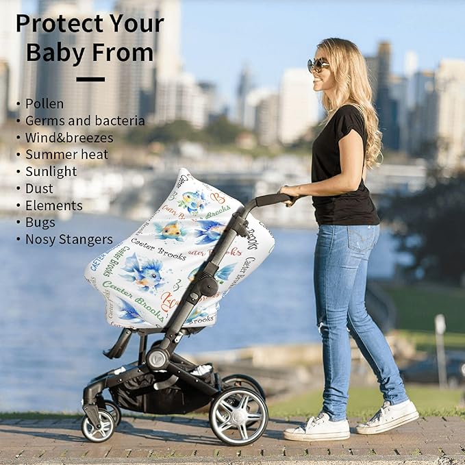 Personalized Baby Car Seat Cover with Name Stroller Canopy Custom Angelfish Carseat Cover Newborn Baby Boy Girl Nursing Cover for Moms First Birthday Gift