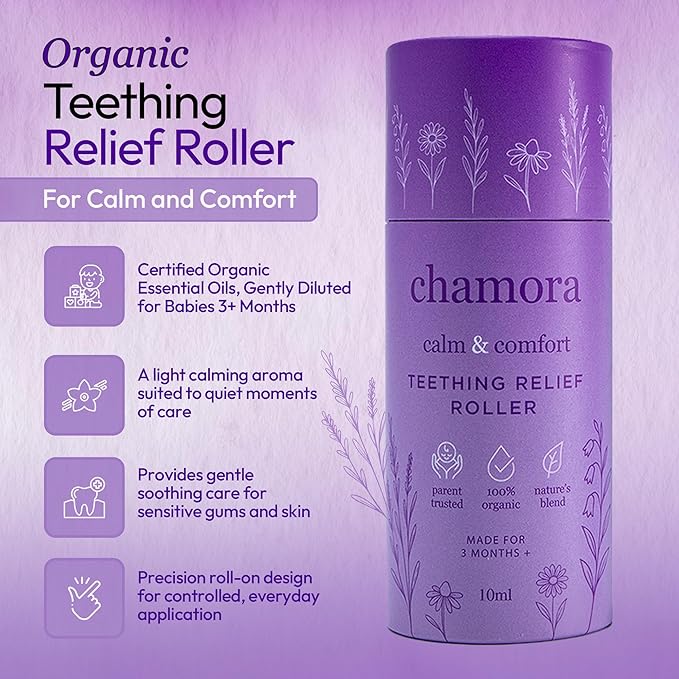 Organic Baby Teething Relief Roller for Babies 3 Months+ | Natural Gum Soothing Oil with Chamomile, Lavender, Frankincense & Jojoba | Teething Pain Relief