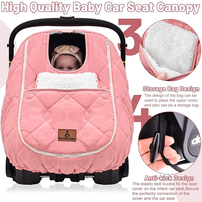 Winter Carseat Cover for Baby，Waterproof Baby Car Seat Cover Compatible with Doona Car Seat and Stroller，Cold Weather Warm Car Seat Covers for Babies, Keeps Babies Warm and Cozy (Pink)
