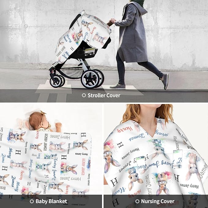 Personalized Winter Baby Car Seat Cover with Name Rabbit Winter Car Seat Cover for Baby Seat or Stroller Custom Infant Car Seat Covers Bunny Minky Blankets Nursing Cover Breastfeeding Scarf