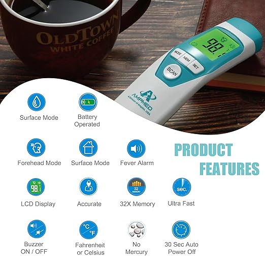 Amplim Hospital Medical Grade Non-Contact No-Touch Forehead Thermometer for Baby and Adults, Touchless Temporal Fever Thermometer, Fast and Accurate Digital Thermometer