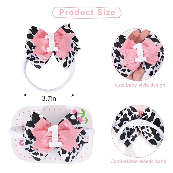 Cow Print Bow Headband for Girls - Pink, 1st Birthday Party Decorations, Farm Animal Themed Party Decor, One Headband Photo Prop (Cow1)