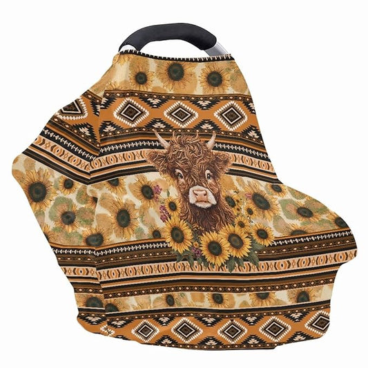 Car Seat Covers Canopy Cover Aztec Highland Cow Sunflower Multi-use Carseat Canopy Covers Breathable Breastfeeding Protector for Babies, Boys & Girls