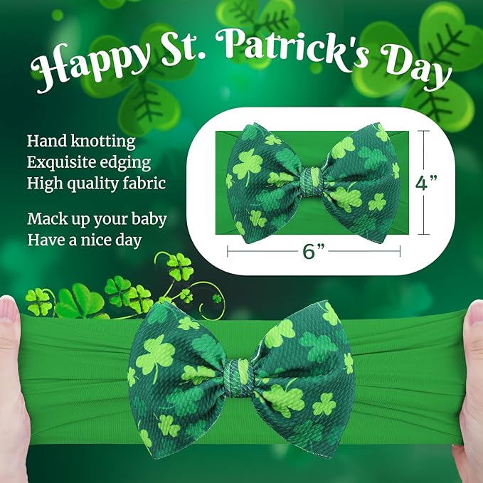 6” Large St Patricks Baby Bows Shamrock Clover Headbands Hairband Green Nylon Bows for Newborn Girls Infants Toddlers St Patricks Day Hair Accessories