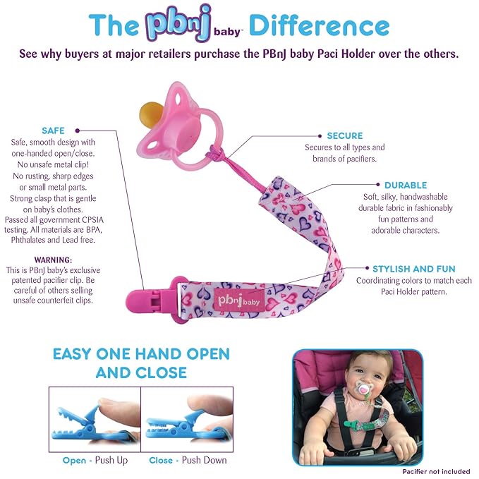 PBnJ baby Pacifier Clip Holder Strap Leash Tether for Boys and Girls with Safe Plastic Clip (Blk-Wht Dot, Gray Chevron, Gray Love 3-Pack)