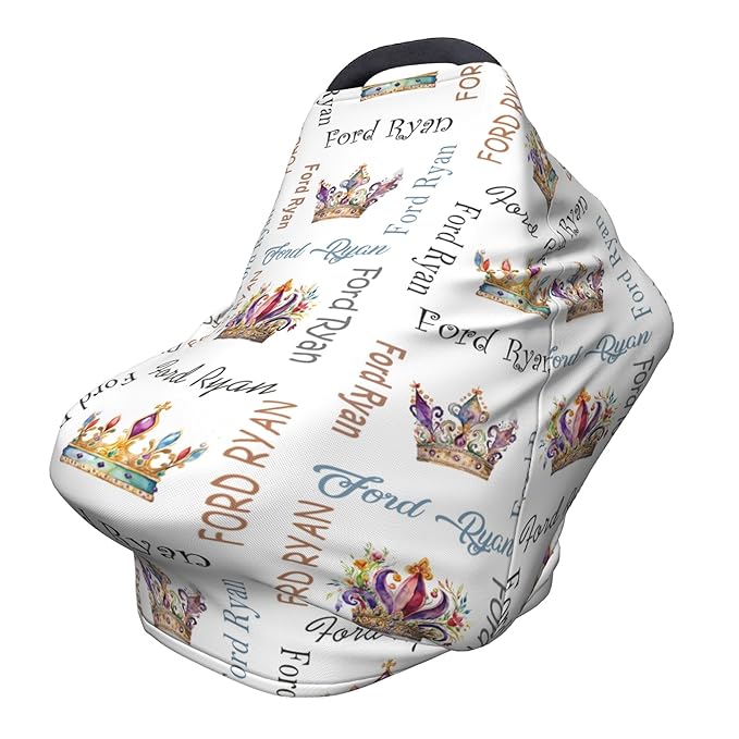 Personalized Car Seat Covers with Name, Crown Baby Canopy Carrier Cover, Breathable Breastfeeding Nursing Cover, Stretchy Multi-Use Infant Carseat Stroller Cover