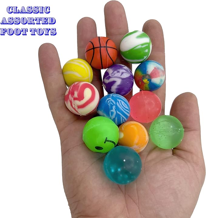 by M&M 2190 Pk12 Rubber Party Bouncers - Classic Colorful Rubber Bouncy Balls, Great Fun for Pet Birds, Beak and Feet Thrilling, Assorted Colors and Designs, Rolls with Ease