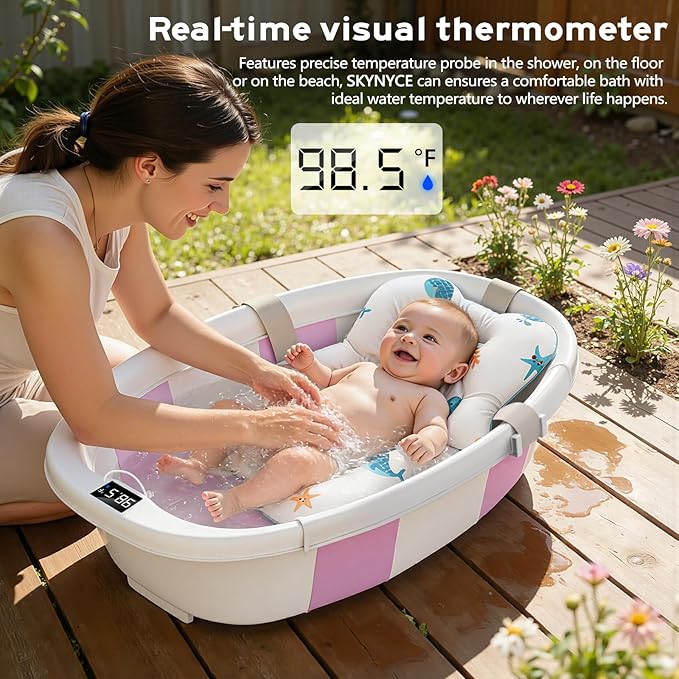 Collapsible Baby Bathtub for Newborn to Toddler 0-36 Months, Large Baby Bath Tub with Thermometer & Cushion, Easy Setup Foldable Travel Infant Bathtub, Newborn Babies Boy Girls Bath Tubs Purple Size
