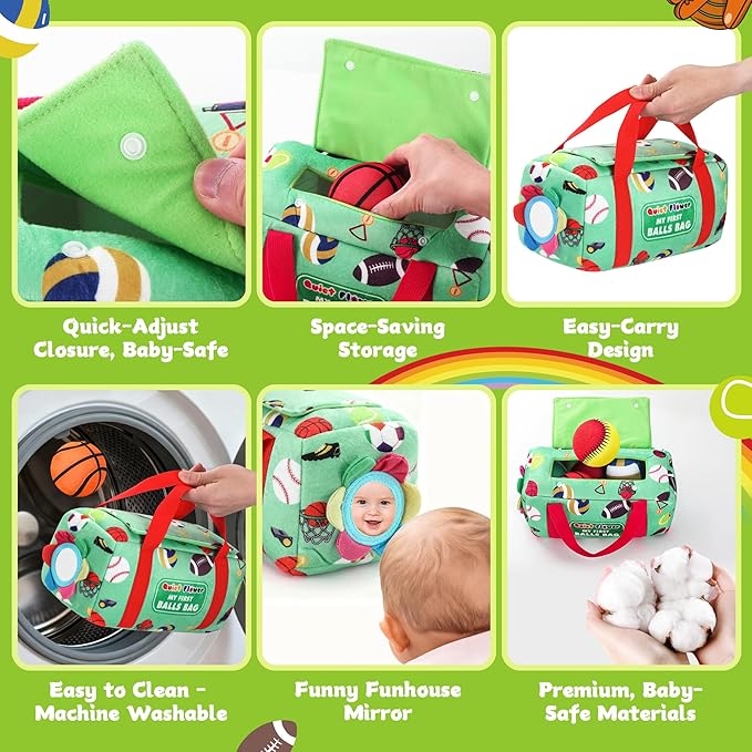 My First Sports Bag 6-12 Months Baby Tissue Box Toy, 17pcs Montessori Sensory Set: Plush Ball, Crinkle Paper, Scarves & Mirror, Squeaky Fine Motor 1 Year Old Infant Toddler Gifts Easter Basket Stuffer