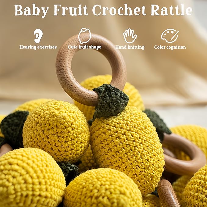 Wooden Baby Rattle Toys Stuffed Crochet Rattle with Teether Ring for Newborn Babies Fruit Wooden Teether Toy Infant Toddler Handcrafted Crochet Rattles Cute Shower Gifts for Boy and Girls