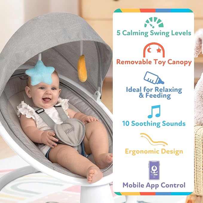 Nuby Baby Swing with Canopy and Remote - 5-Level Infant Swing with Soothing Sounds and Mobile App Control - 0-9 Months - Gray