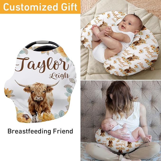 Custom Name Car Seat Canopy - Baby Car Seat Covers, Infant Stroller Cover, Carseat Canopy Christmas Birthday Gifts for Girls and Boys Yellow Highland Cow Print (27"x29")