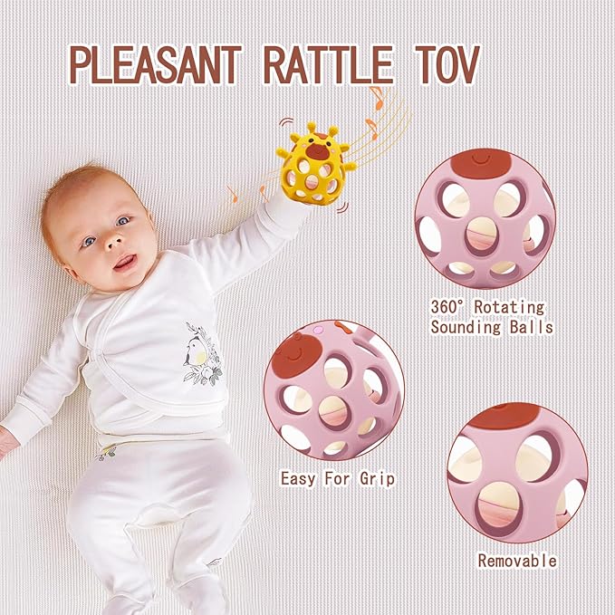 Baby Teething Toys Balls for 0-12 Months, Silicone Sensory Baby Teething Rattle Balls with Pacifier Clip Holder,Easy Grasp Infant Rattle Teether Toy, BPA Free,Soft Infant Chew Toys