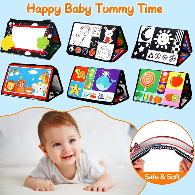 Baby Mirror Tummy Time Toys 0-6 Months with Crinkle Cloth Books Infant High Contrast Newborn Sensory Black and White Toy for 0-3 4 5 6 Months Must Haves Babies 3-6 6-12 Month Boy Girl Shower Gifts