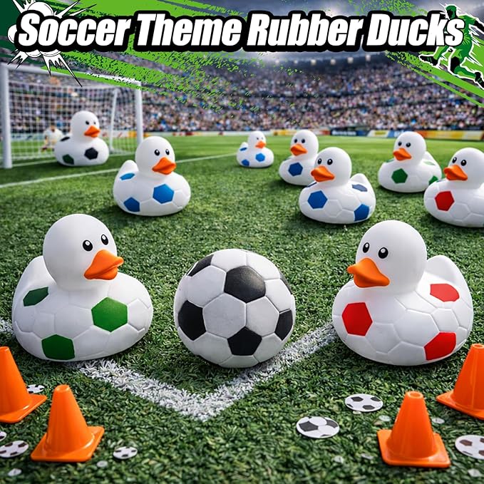 24 Pcs Soccer Theme Rubber Ducks with a Bag, Soccer Ball Ducks Toys, Soccer Fun Party Favors, Goodie Bag Fillers for Sports Fans Team Gifts, Classroom Game Prizes, Easter Basket Stuffers