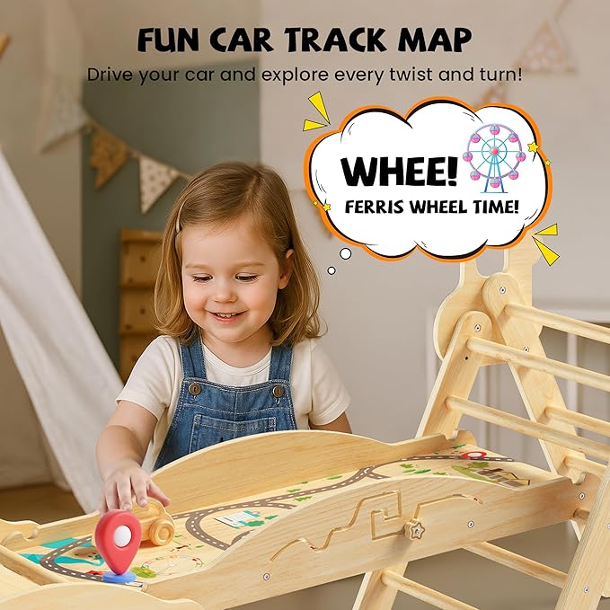 Pikler Triangle Climbing Set with Cushion, Foldable Climbing Toys Indoor, Montessori Toddler Gym, 10-in-1 Climber & Playground, Gift for Christmas, Birthday, New Year (Woodland Cabin)