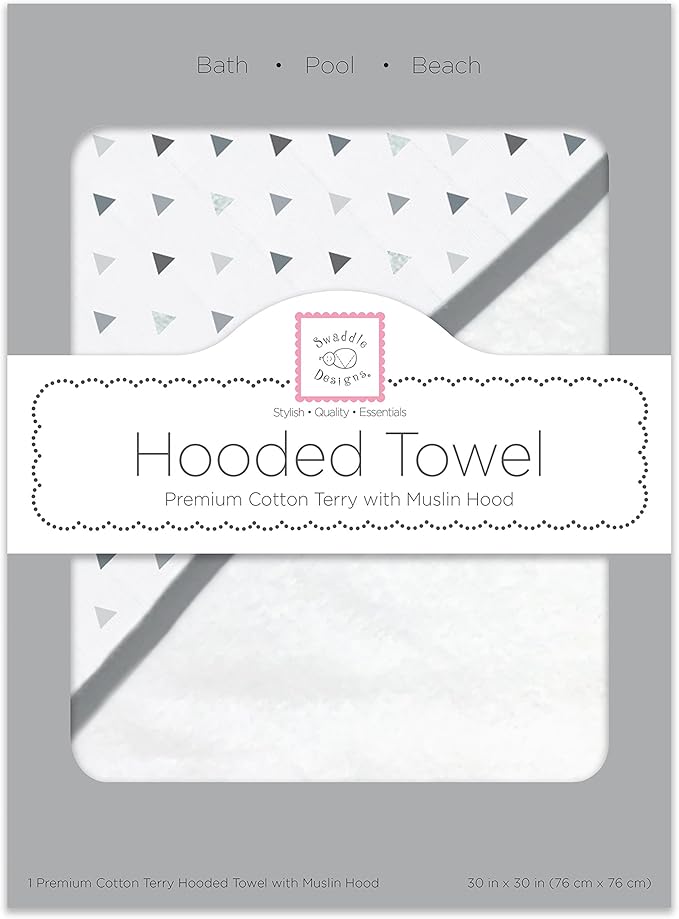 SwaddleDesigns Cotton Terry Baby Hooded Towel, Tiny Triangle Shimmer, Sterling
