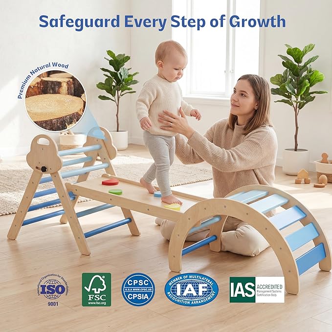 bbgroundgrm 8-in-1 Wooden Climbing Set for Toddlers with Cushion, Foldable Montessori Indoor Climber with Arch, Ramp and Triangle Ladder, Natural Wood Play Gym for Kids 1-3