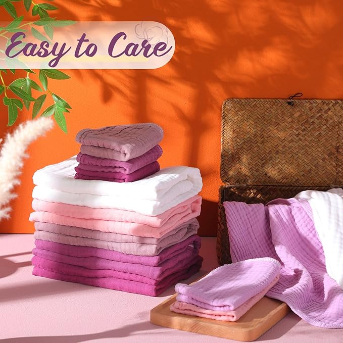 VitalCozy 12 Pcs Baby Muslin Hooded Bath Towels and Washcloths, Muslin Hooded Baby Towels Absorbent Blankets for Gift Newborn Infant Shower (Pink Purple Series)