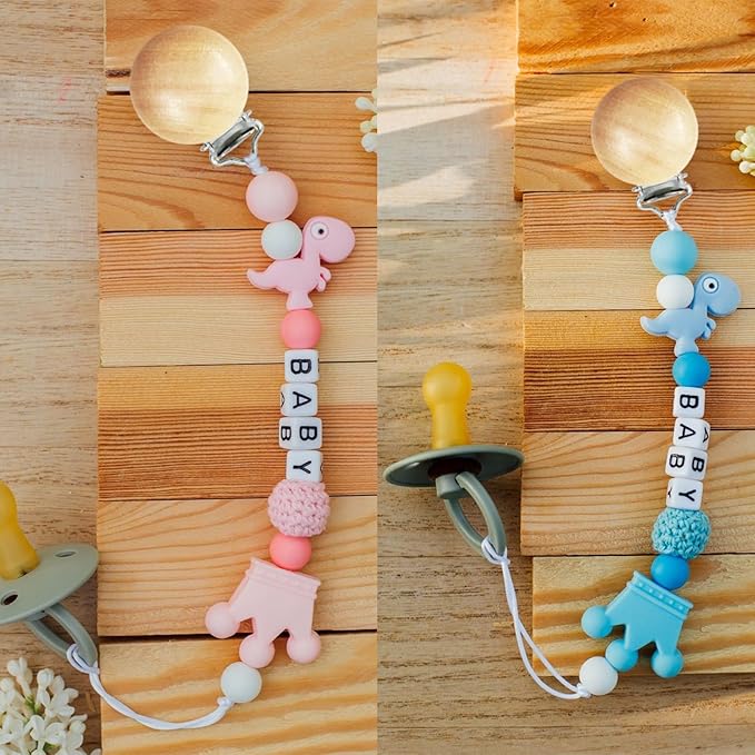 16 Pieces Wood Pacifier Clips Teething Grasping Toy Suspender Clips Natural Beech Wood Pacifier Clip Holder Charm DIY Pacifier Clips Chain Accessories