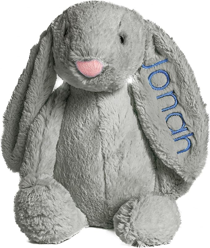 Personalized Super Soft Plush Bunny - Stuffed Animal Toy for Kids - Custom Gift with Embroidered Name on Ear for Easter, (Gray, Medium)