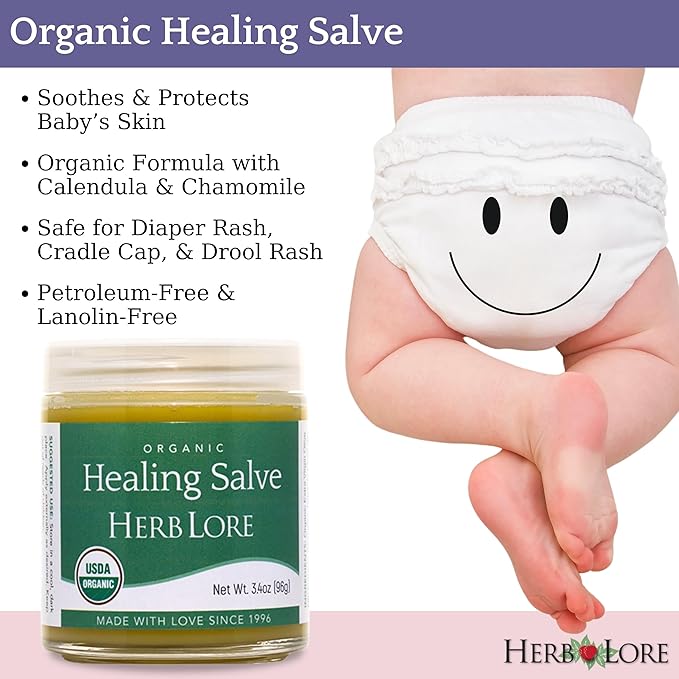 Herb Lore Healing Salve Ointment - Organic Baby Diaper Rash Cream – Natural Soothing Balm with Calendula for Cradle Cap, Drool Rash, Dry & Irritated Skin, Face & Body (3.4 oz)