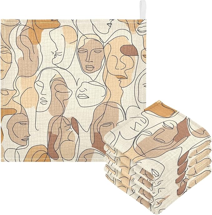 Bolaz Washcloths Set Bathroom Kitchen Wash Cloths Face Towels Wipes Faces Drawings Decorative 12x12 Inch 5 Pack
