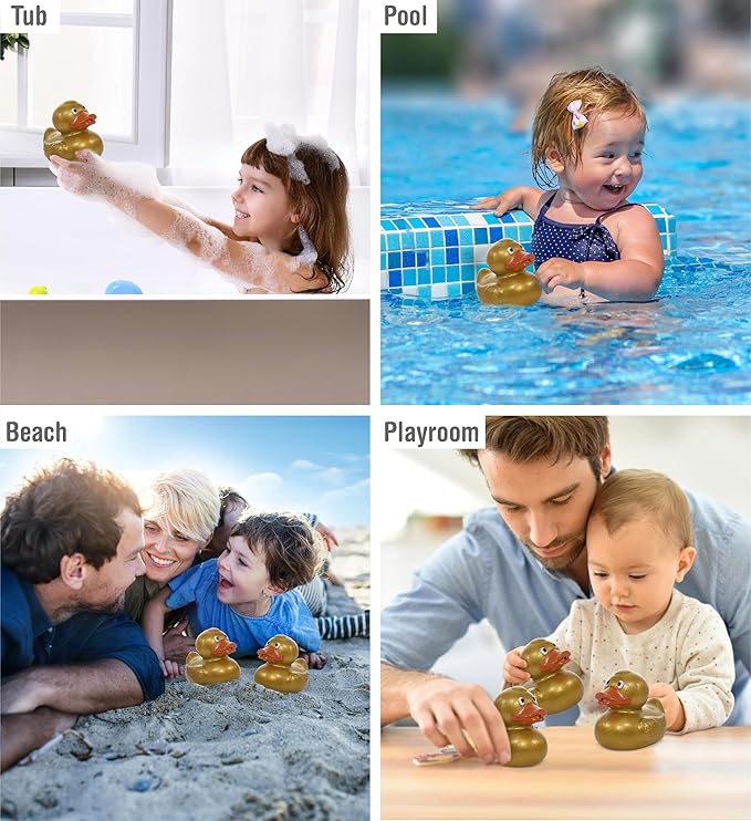 DolliBu Metallic Gold Duck Bath Buddy Squirter - Floating Gold Duck Rubber Bath Toy, Fun Water Squirting Bath Time Play for Toddlers, Animal Toy for Bathtub, Beach, and Pool for Girls and Boys