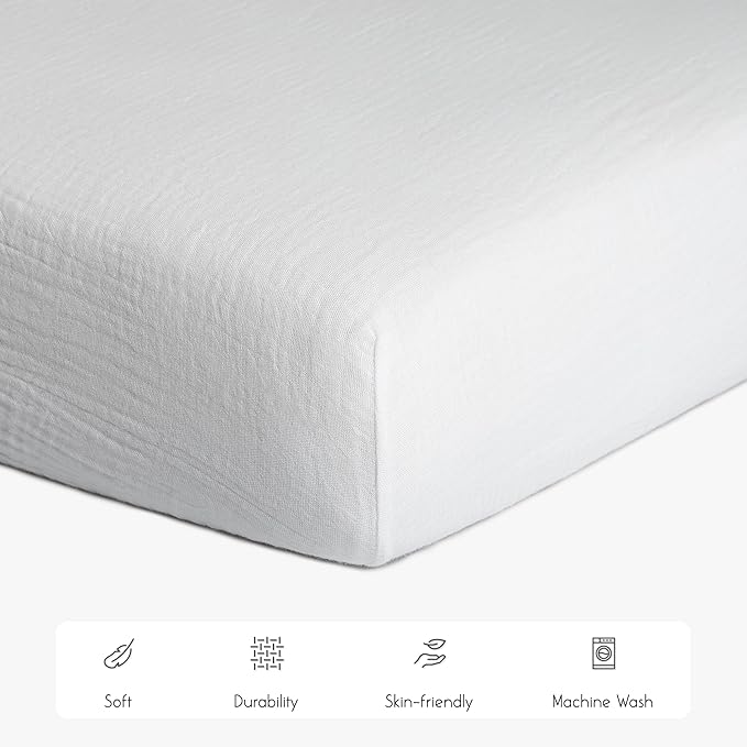 Meracorallo Muslin Mini Crib Sheet, Pack n Play Fitted Sheet, Soft and Breathable Pack and Play Playard Mattress Sheet for Baby Boys and Girls, White