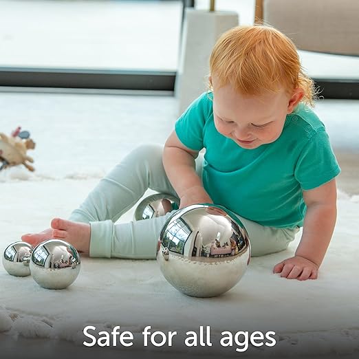 TickiT - 9322 Sensory Reflective Balls - Set of 4 - Mirrored Spheres for Babies and Toddlers - Stainless Steel Sensory Balls for Reflections and Color - For Stylish Nurseries and Bedrooms