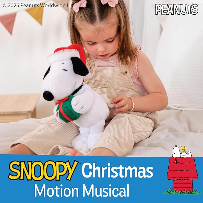 Kids Preferred Peanuts Snoopy Motion Musical Plush, Plays Jingle Bells, Embroidered Details, Soft Stuffed Animal for Baby and Toddler Boys & Girls