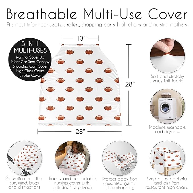 Sweet Jojo Designs Brown White Football Boy Infant Baby Car Seat Cover Nursing Breastfeeding High Chair Shopping Cart Stroller Carseat Canopy Carrier Multipurpose Use for Sports Themed Collection