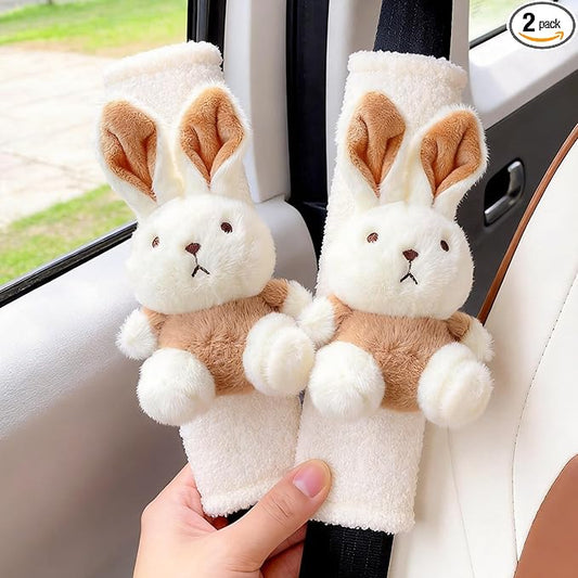 2 PCS Seat Belt Cover Pad, Cute Kawaii Animal Bunny Seatbelt Covers for Kids and Adults, Winter Plush Fluffy Soft Seat Belt Cover, Cartoon Seatbelt Cushion,Car Seat Strap Pads (D-Bunny)