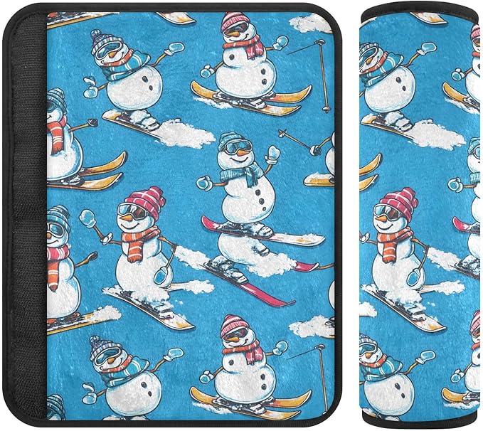 CHIFIGNO Pack of 2 Cartoon Snowman Skiing Surfing Blue Car Seat Belt Covers Comfortable Seatbelt Pads Shoulder Pads Car Accessories for Adults Women Kids