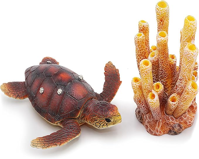Gemini&Genius Sea Turtle Toys for Kids, Realistic Sea Turtle Action Figure, Sea Turtle Plastic Figurine with Coral Toy, Sea Life Educational Gifts, Play Toys, Collection Toys for Kids