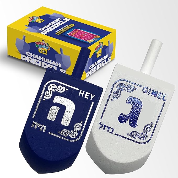 Izzy 'n' Dizzy Hanukkah Dreidels - Extra Large Blue and White Wooden Dreidel - 2 Pack